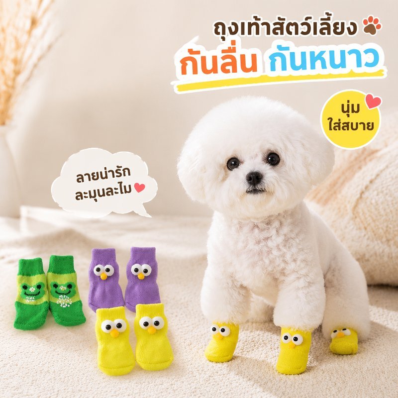 ถุงเท้าสัตว์เลี้ยง กันลื่น พื้นยาง ถุงเท้าแมว ถุงเท้าสุนัข ผ้านุ่ม ยืดหยุ่น ใส่สบาย กันหนาว