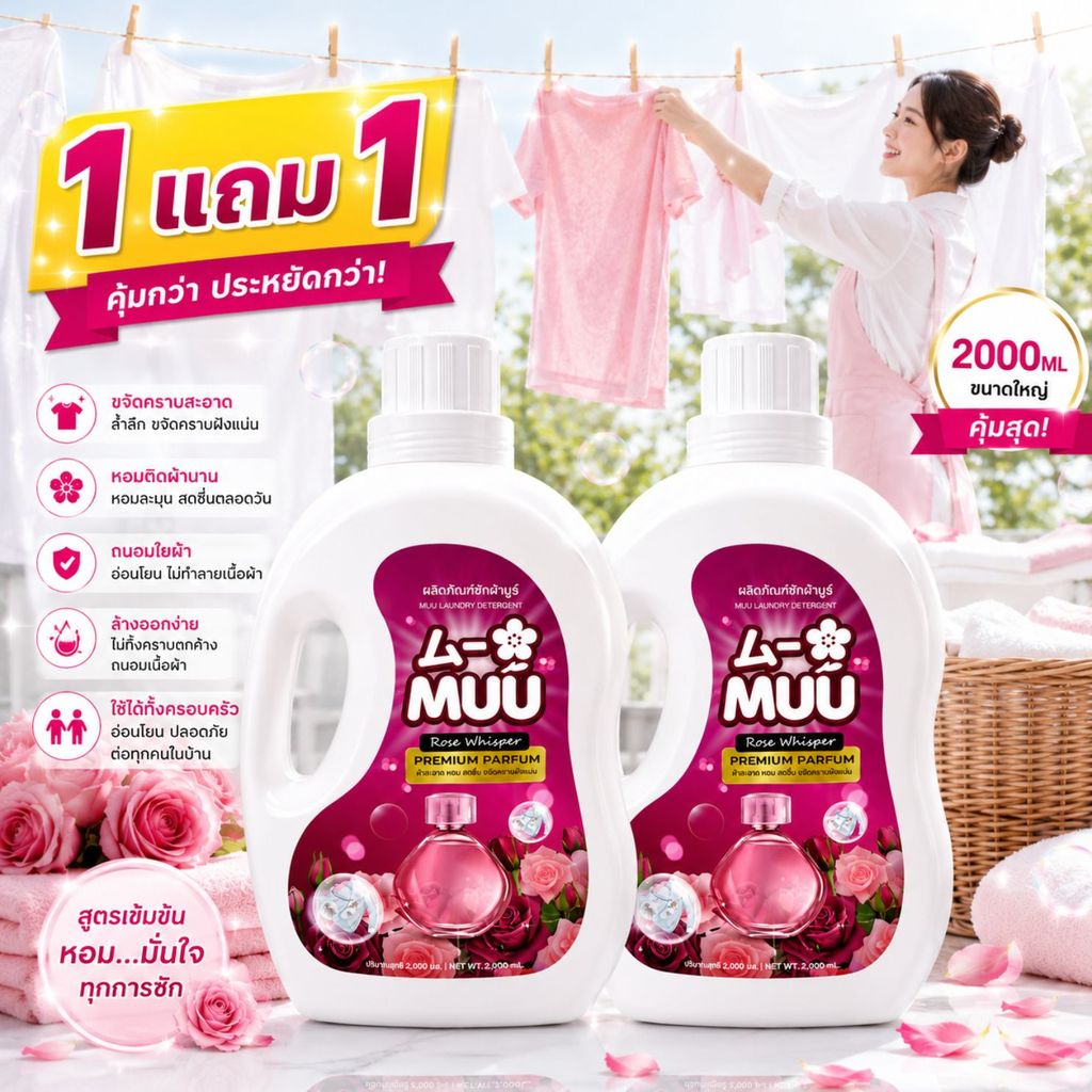 น้ำยาซักผ้า MUU แกลลอน 2 ลิตร 1 แถม 1 สูตรเข้มข้น กลิ่นกุหลาบ ขจัดคราบฝังลึก ลดกลิ่นอับ ผ้าสะอาด หอมติดผ้านาน ขวดใหญ่
