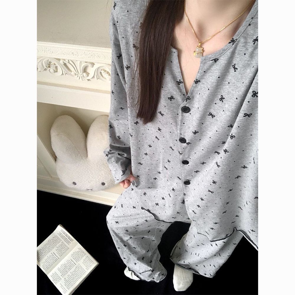 Viral Cloud Cotton Long Sleeve Pants Women Pyjama Set Casual Lounge Home ชุดนอน
