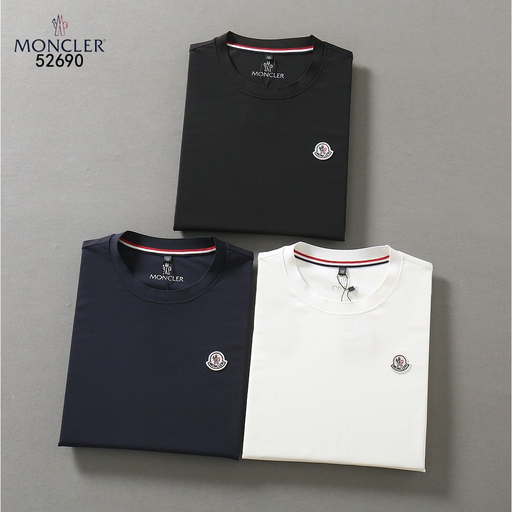 Moncler/Mengkou/2026 เสื้อยืดแขนสั้นคอกลมสไตล์คู่ผู้ชายหรูหราธุรกิจรอบคอ Slim-Fit กีฬา Bottoming โลโ