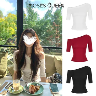 MOSESQUEEN โมเสสควีน เสื้อยืดแขนสั้นไม่มีแขนสําหรับผู้หญิงในฤดูร้อนที่มีความยาวกลางขนาดห้านิ้วเปิดไหล่และเสื้อท็อปครึ่งแขนที่ติดตั้ง #63966