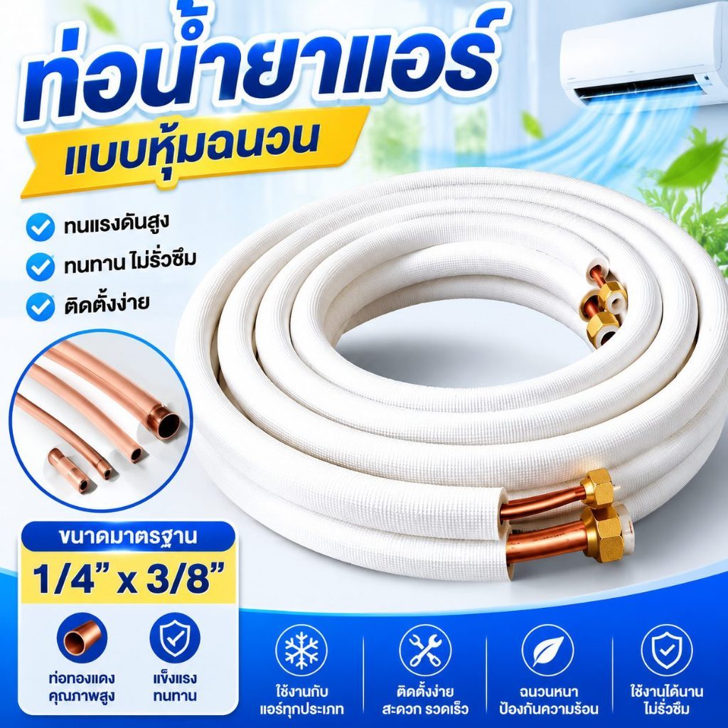 ท่อแอร์ชุดสำเร็จรูป ท่อทองแดงพร้อมฉนวน หนา 0.7 มม. | ขนาด 1/4"+3/8"