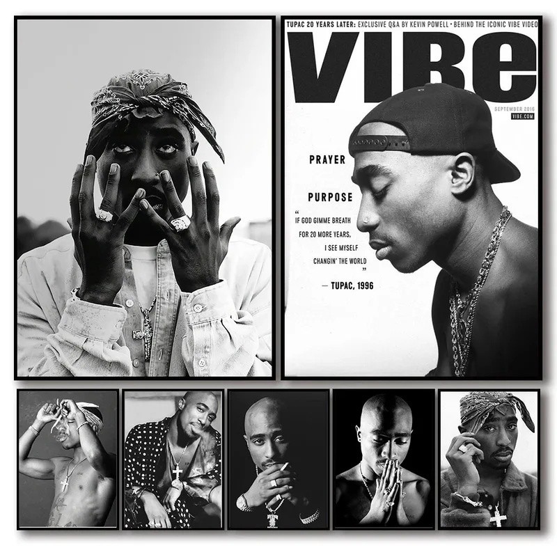 สีดําและสีขาว Pop Hip Hop Rapper 2PAC โปสเตอร์ Tupac เพลงอัลบั้มความงามสําหรับห้องผ้าใบภาพวาด Art Wa