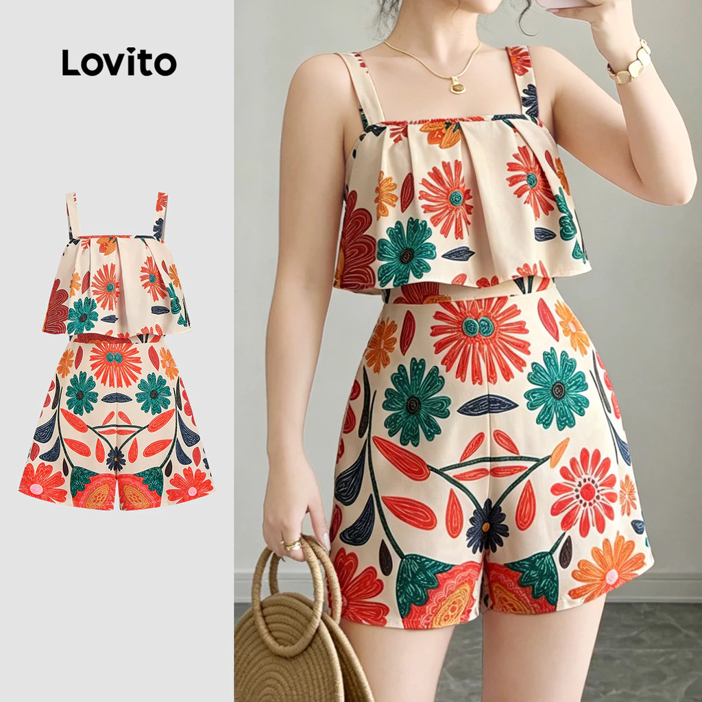 (New Arrival) Lovito โบโฮ จัมป์สูทสไตล์รีสอร์ต ลายแพทเทิร์น ซิป จัมป์สูทสําหรับฤดูใบไม้ผลิ/ฤดูร้อน L196ED932