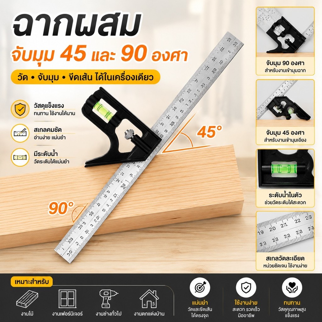 ฉากผสม จับมุม 45 และ 90 องศา ใช้สำหรับวัด และจับฉาก มีตัววัดระดับน้ำในตัว ขนาด 300mm. #AQ-0026