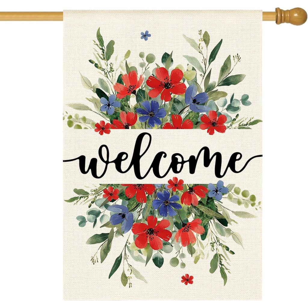 AVOIN colorlife Memorial Day Patriotic 4th of July House Flag 28x40 นิ้วสองด้านด้านนอก, ยินดีต้อนรับ
