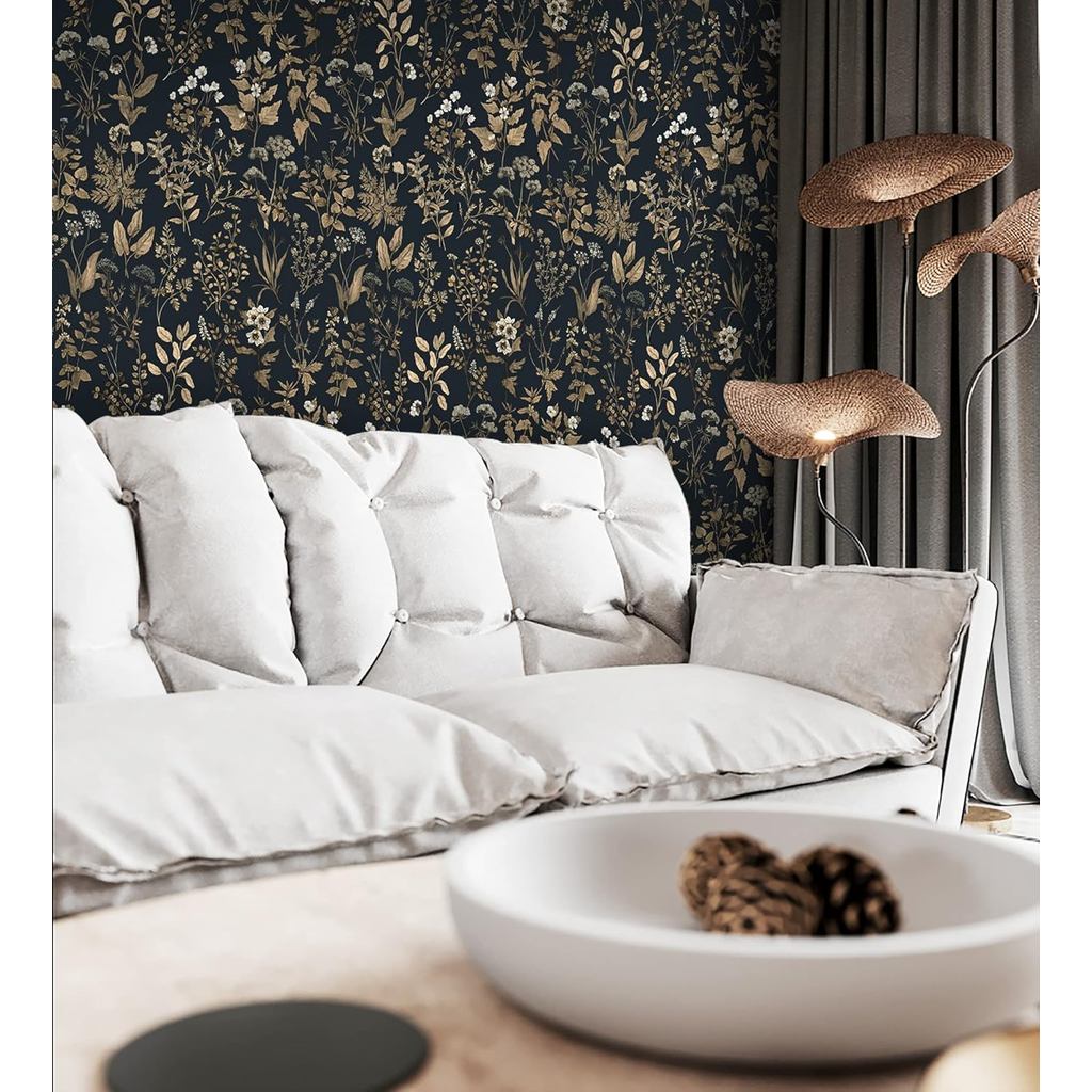 Dimoon 78.7 "x16.1 "ที่ละเอียดอ่อนดอกไม้ Peel และ Stick วอลล์เปเปอร์สีดํา Golden Thicken กันน้ํา Lea