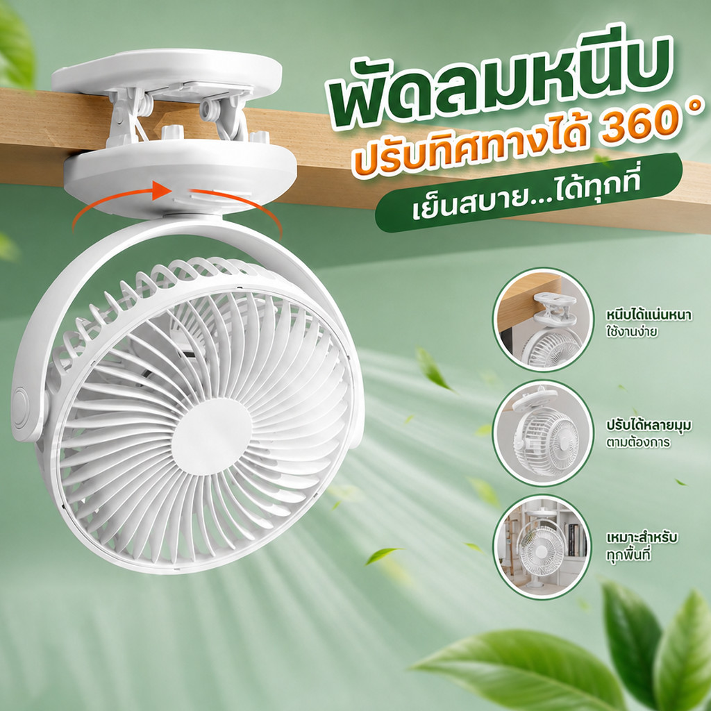 8นิ้ว พัดลมไร้สาย 12000mAh มีแบตในตัว ชาร์จ USB ปรับได้ 360° ตั้ง & หนีบ พกพาสะดวก พัดลม ตั้งโต๊ะ