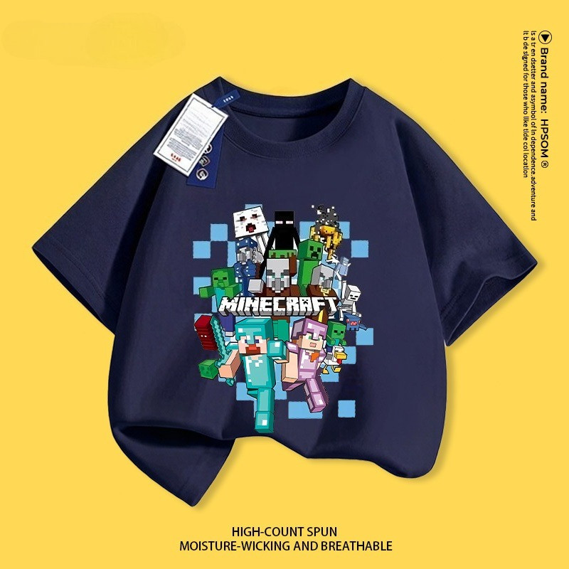 【cod】ผ้าฝ้ายแท้ระบายอากาศดี ลาย Minecraft (มายคราฟ) สุดเก๋ ไซส์ 1-12 ปี ทรงหลวมสบาย ใส่ลำลอง