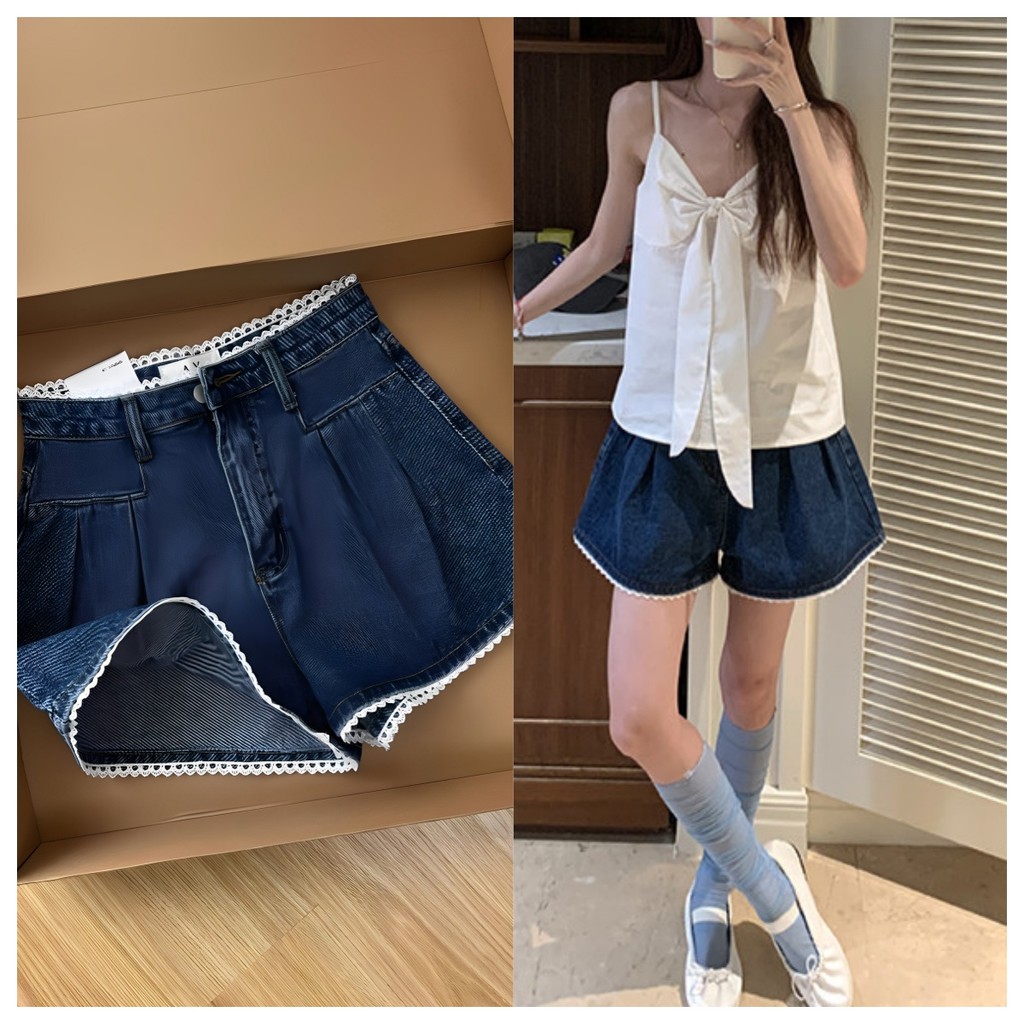 suzllrue7oกางเกงขาสั้นยีนส์สไตล์เกาหลี ลูกไม้ขอบกางเกง ใส่ยืดสบาย ขาเรียวยาว #6606