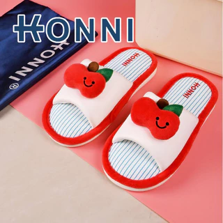 KONNI รองเท้าแตะแฟชั่น รองเท้านิ่ม หญิงน่ารัก บ้านผ้าฝ้ายผ้าลินินผ้าลินิน รองเท้าใส่ในบ้าน ลายแอปเปิ้ล