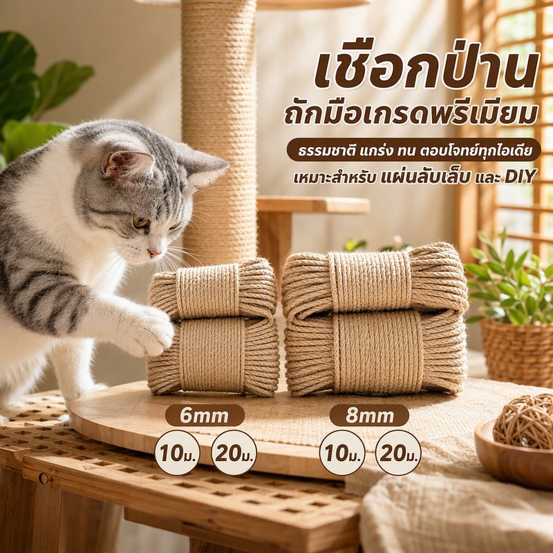 เชือกป่านศรนารายณ์ ที่ลับเล็บแมว 6 8mm 10 20m เชือกพันเสาแมว ซ่อมคอนโดแมว งาน Diy