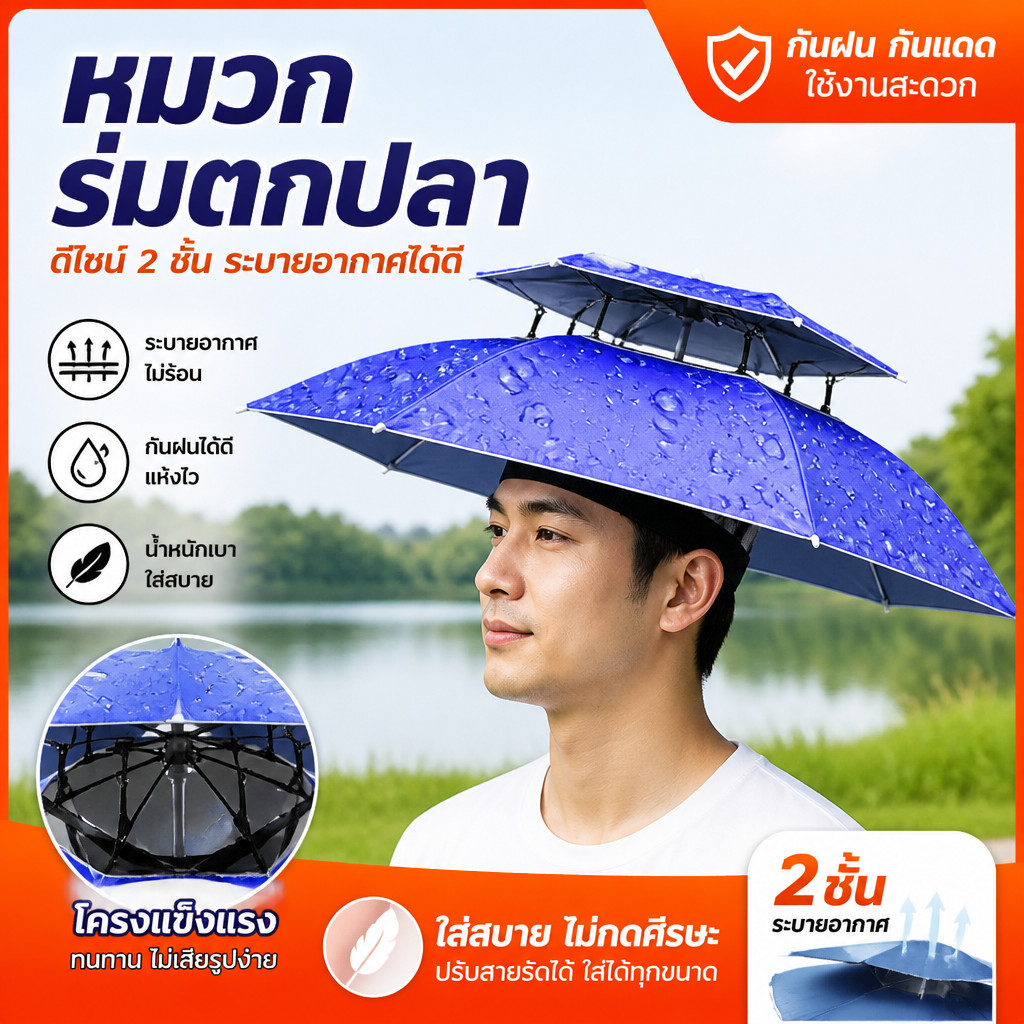 หมวกร่ม 2 ชั้น ขนาด77/90/95ซม. ป้องกันUV100% กันแดดกันฝน พับได้ ทุกฤดูกาล