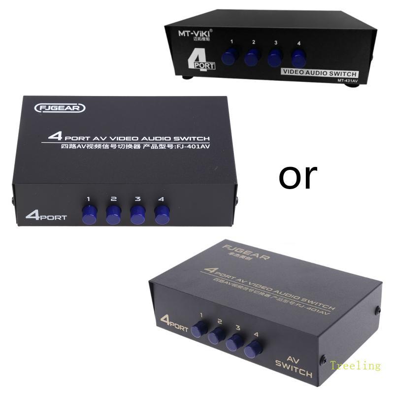 Treeling 4 Way AV Switch 4 Input 1 Output RCA Selector Switch สําหรับคอมโพสิตวิดีโอ