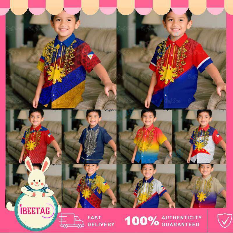 Buwan Ng Wika Barong Tagalog เครื่องแต่งกายเด็กเด็กสวมใส่อย่างเป็นทางการสําหรับกิจกรรมโรงเรียนเสื้อแ
