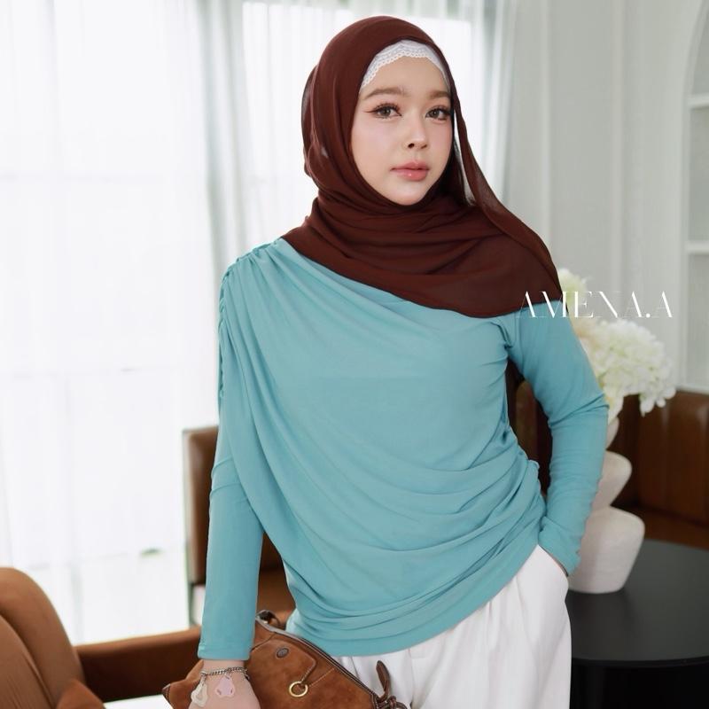 Lilfly Top เสื้อแขนยาวทรงถ่วงใหล่ ลุคเรียบหรู ผ้ายืดเนื้อเรียบ เย็น สบาย ไม่ต้องรีด