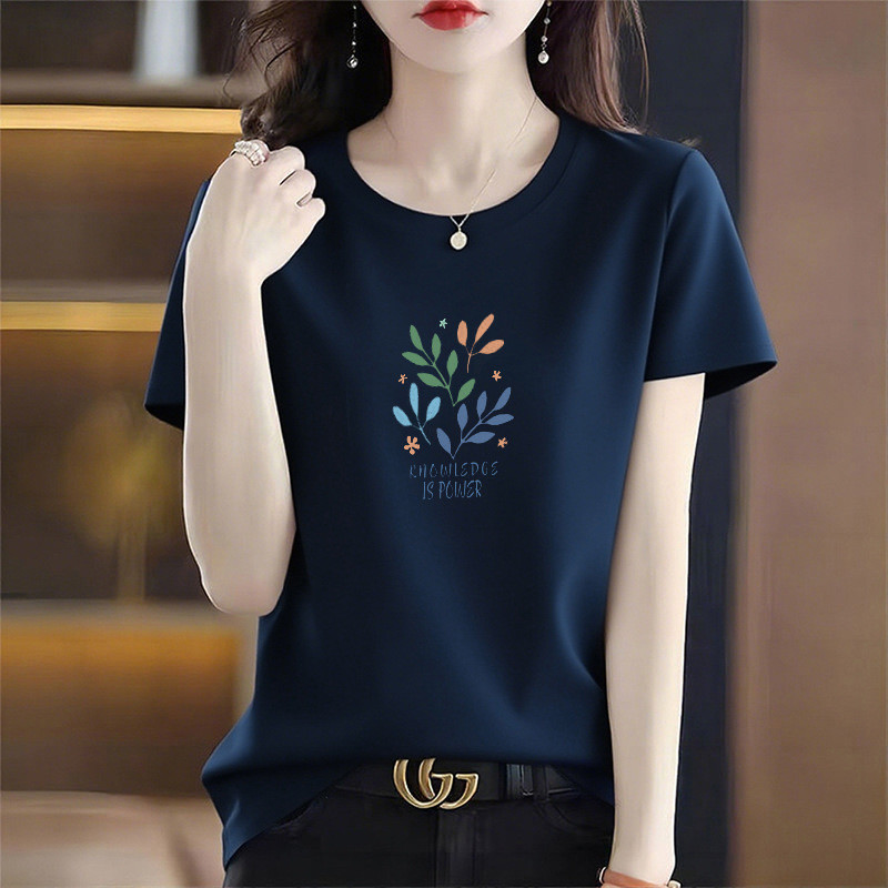 40-100KGPlus-Size Cotton Short-Sleeve T-Shirt for Women, Round-Neck Print Loose-Fit เสื้อยืดขนาดใหญ่