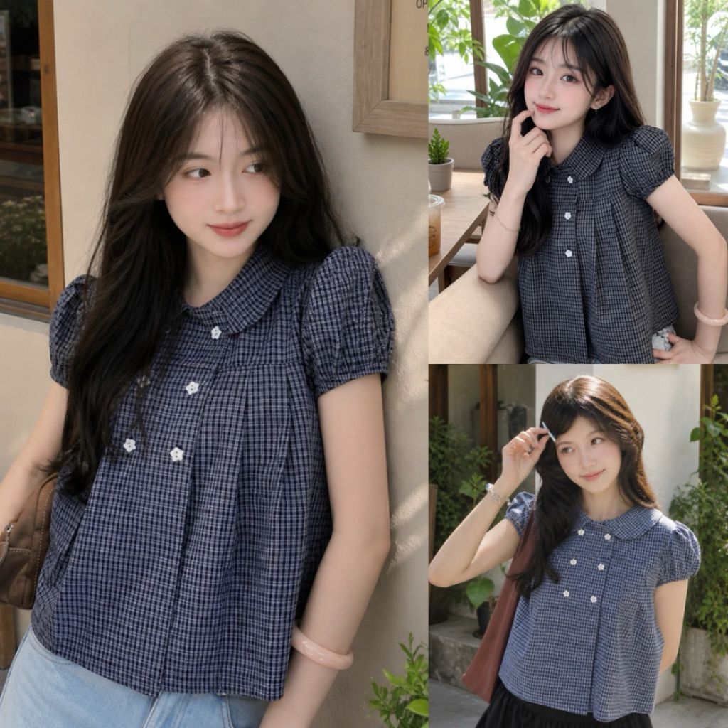 เสื้อเชิ้ต เบบี้ดอลล์คอปกบัว 6 ปุ่มน่ารัก สไตล์ตาหมากรุกสุดฮอต BH666N44