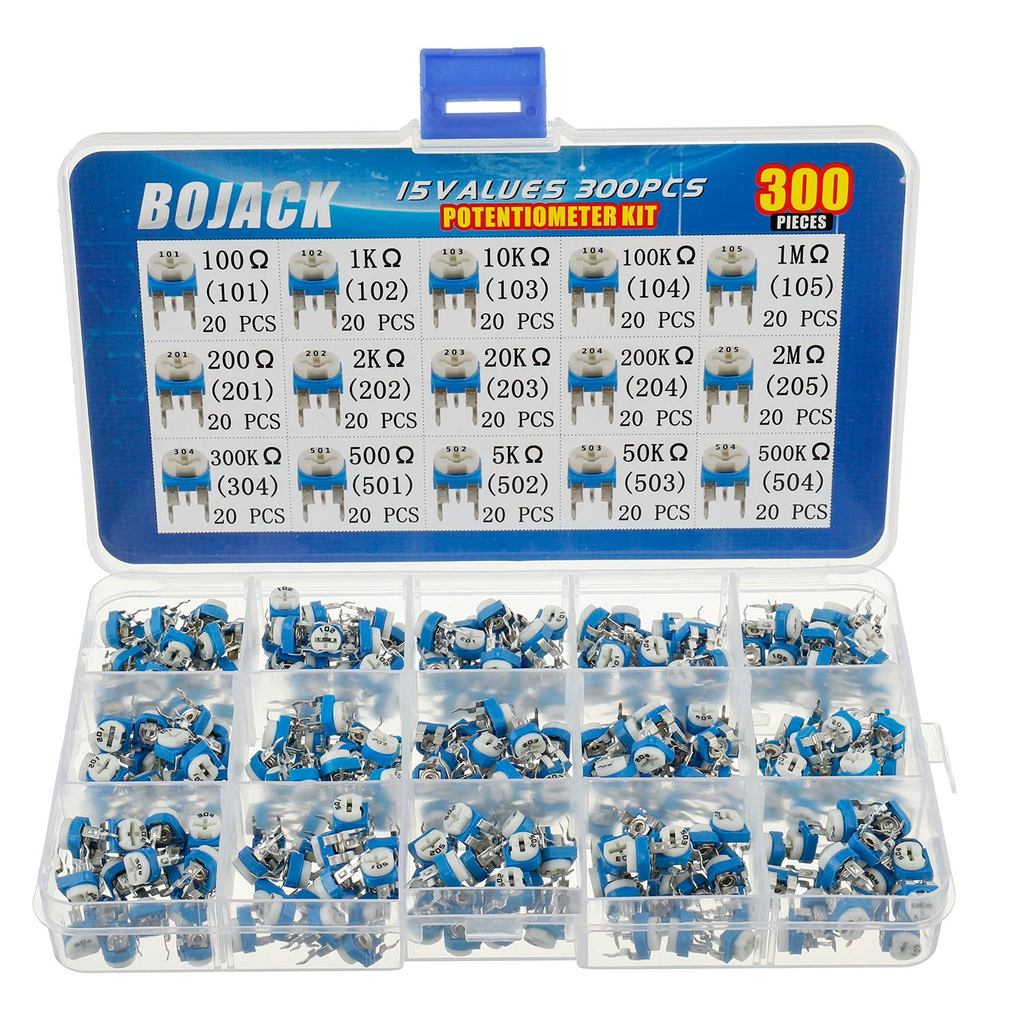 BOJACK 15 ค่า 300 pcs 100 Ohm- 2M Ohm Variable Resistor 6mm Potentiometer Assortment Kit packag ในกล