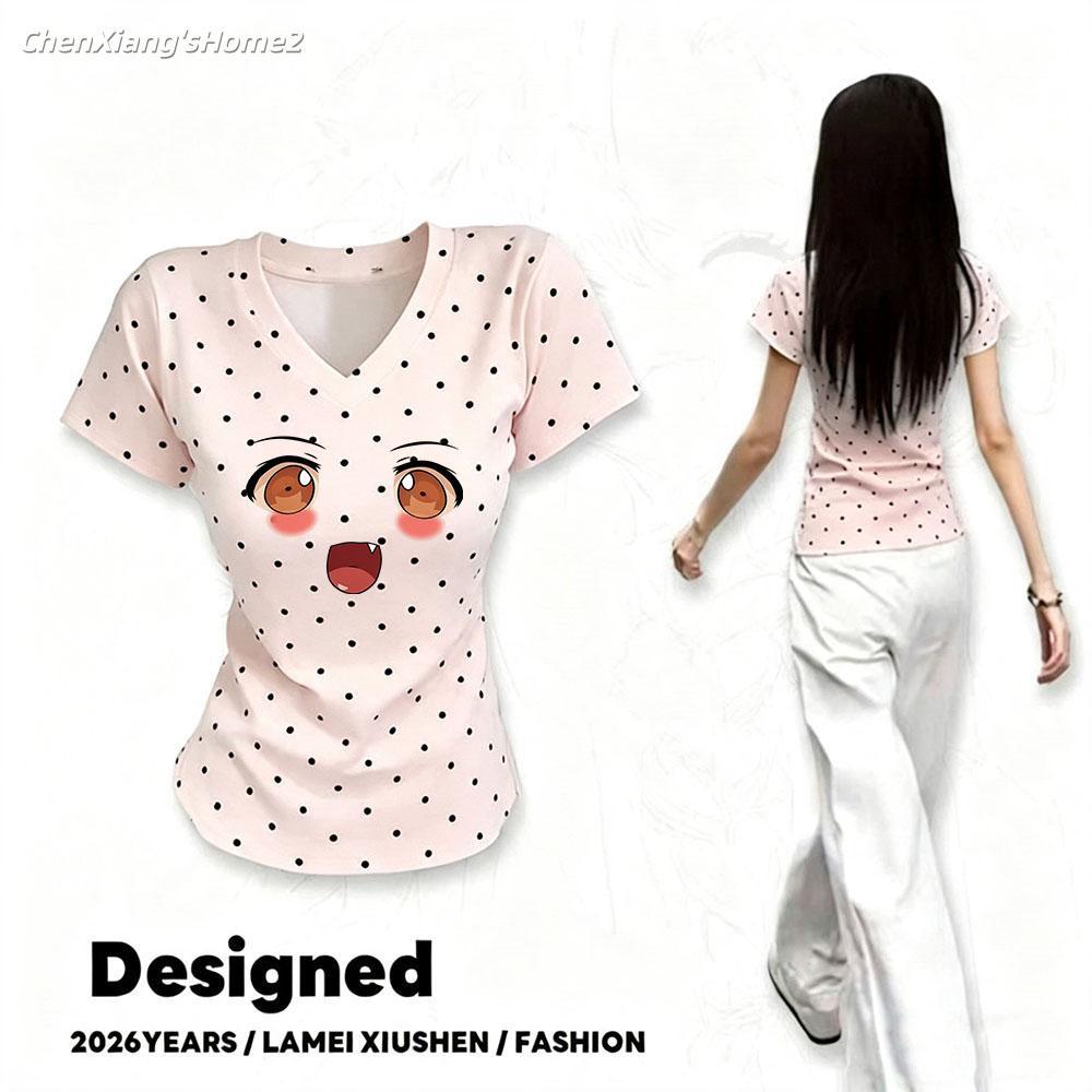 CODดีไซน์ล้ำสมัย เสื้อลายจุด เสื้อผ้าแบบ สไตล์เกาหลี น่ารัก จุดดอกไม้ V-neck ไม่เลือกคน เหมาะกับรูปร่างต่างๆ ฤดูร้อนใหม่