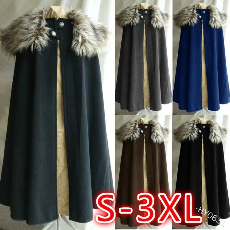 ยุคกลางผู้ชายฤดูหนาว Cape Coat Vintage Coat สไตล์โกธิคขนสัตว์ Punk Cloak Cape Snow ฮาโลวีนเครื่องแต่