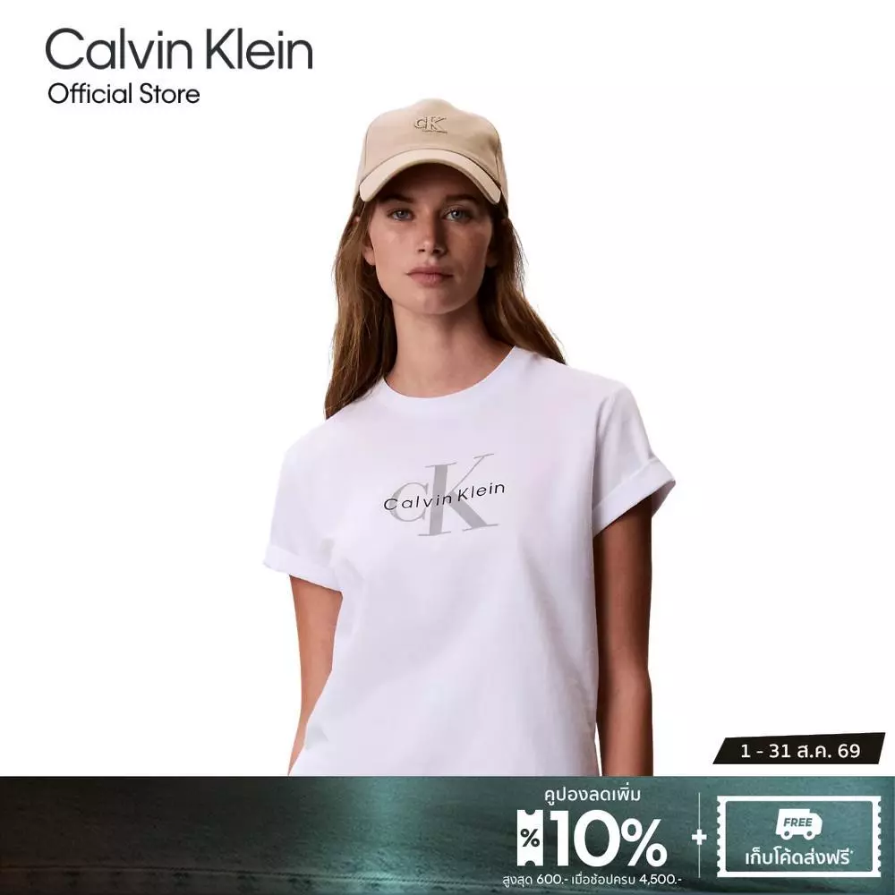 CALVIN KLEIN เสื้อยืดคอกลมแขนสั้นผู้หญิง Monogram Logo ทรง Regular รุ่น 47B864G YAF-สีขาว