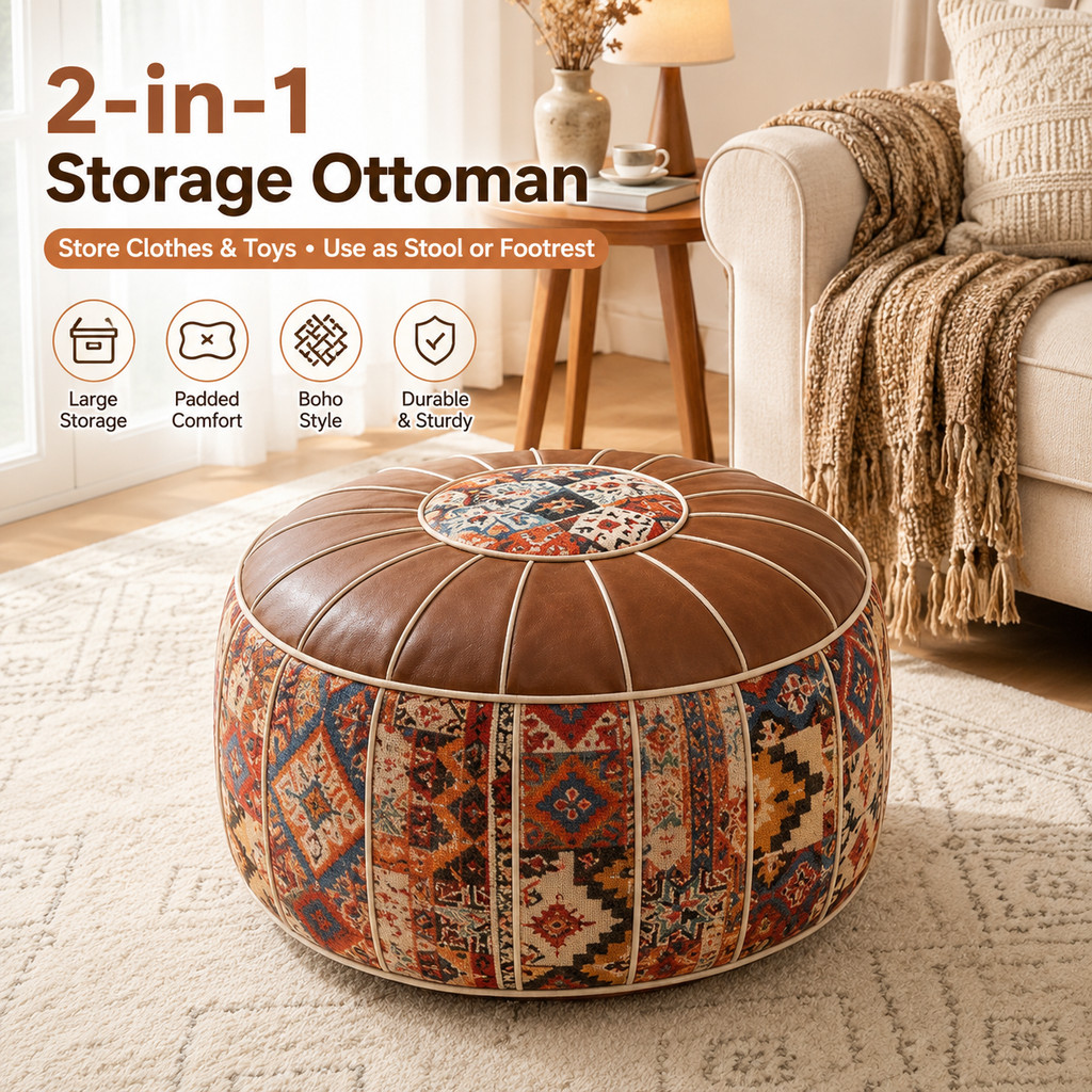 Boho Storage Ottoman Cover Unfilled รอบ Pouf Footrest เสื้อผ้าของเล่น Organizer Vintage Patchwork Sa