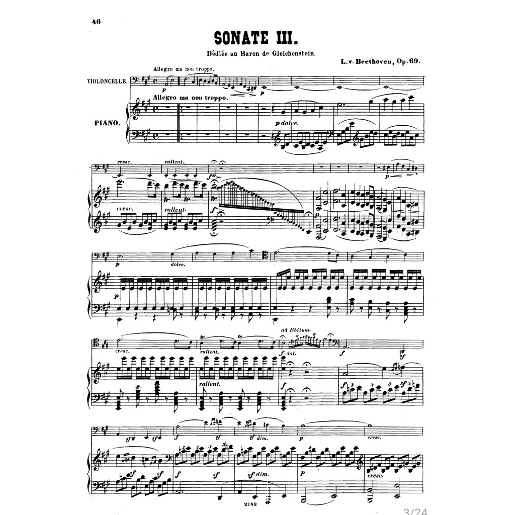 Beethoven Beethoven A Major Third Cello Sonata Op.69 Cello+Piano Acompanment Score