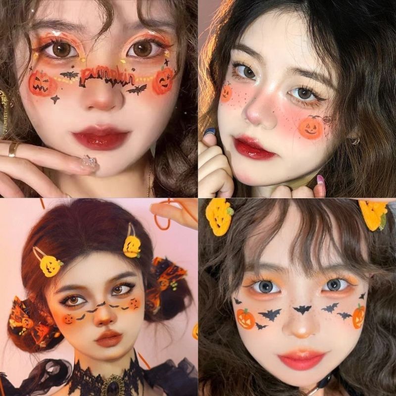 万圣节卡通可爱妆容南瓜创意* 脸贴道具防水派对儿童少年贴纸Halloween Witch Gothic Dark Makeup Nun Creative Makeup * Children'S Car