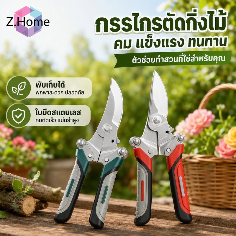 กรรไกรตัดกิ่งไม้ พับได้ สำหรับงานสวน ใบมีดสแตนเลสคม ด้ามจับกันลื่นสบายมือ ตัดแต่งกิ่งไม้ผล ขนาด 8