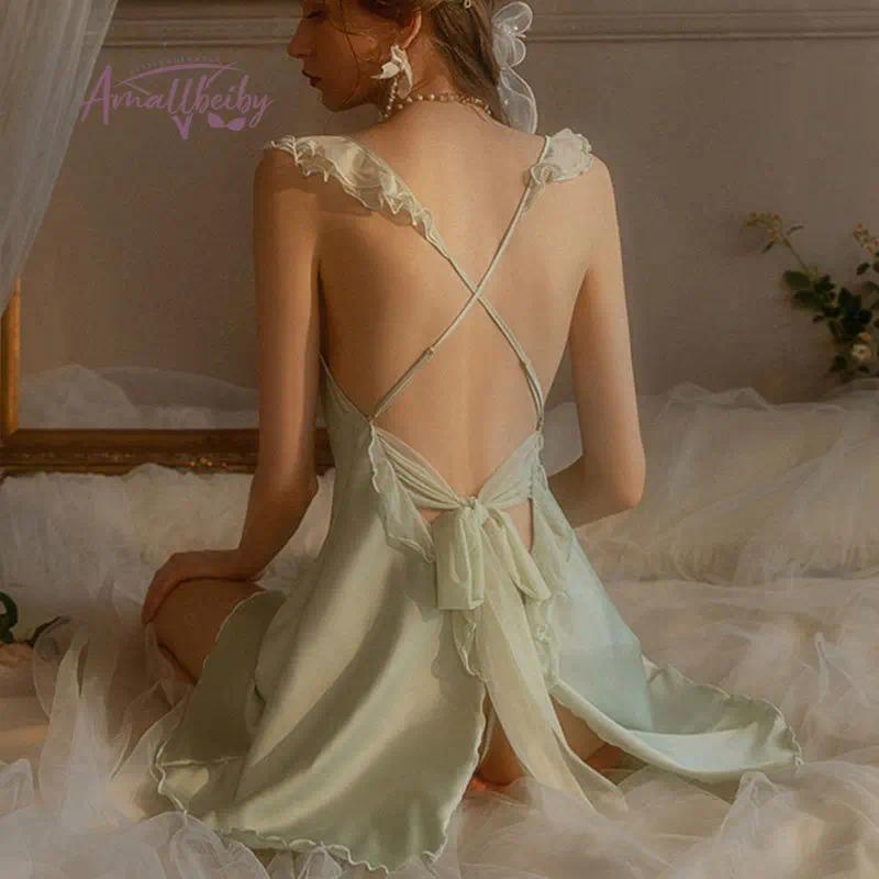 N2Beauty Back Nightdress Women's Sleepwear Sexy Lingerie Ice Silk Satin Deep V Pajamas Nighties Nigh