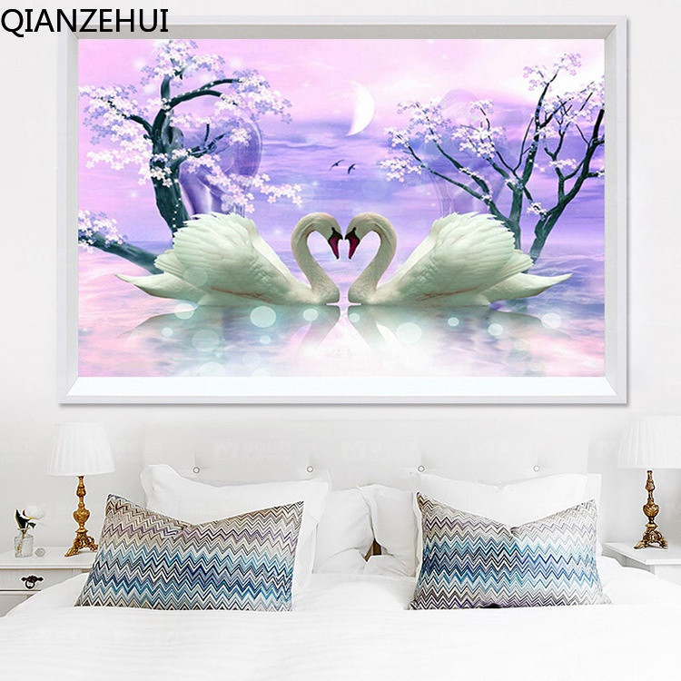 DIY 5D รอบลูกปัดเต็ม Swan ภายใต้ดวงจันทร์ Wedding Swan ภาพวาดเพชร ของตกแต่งบ้าน