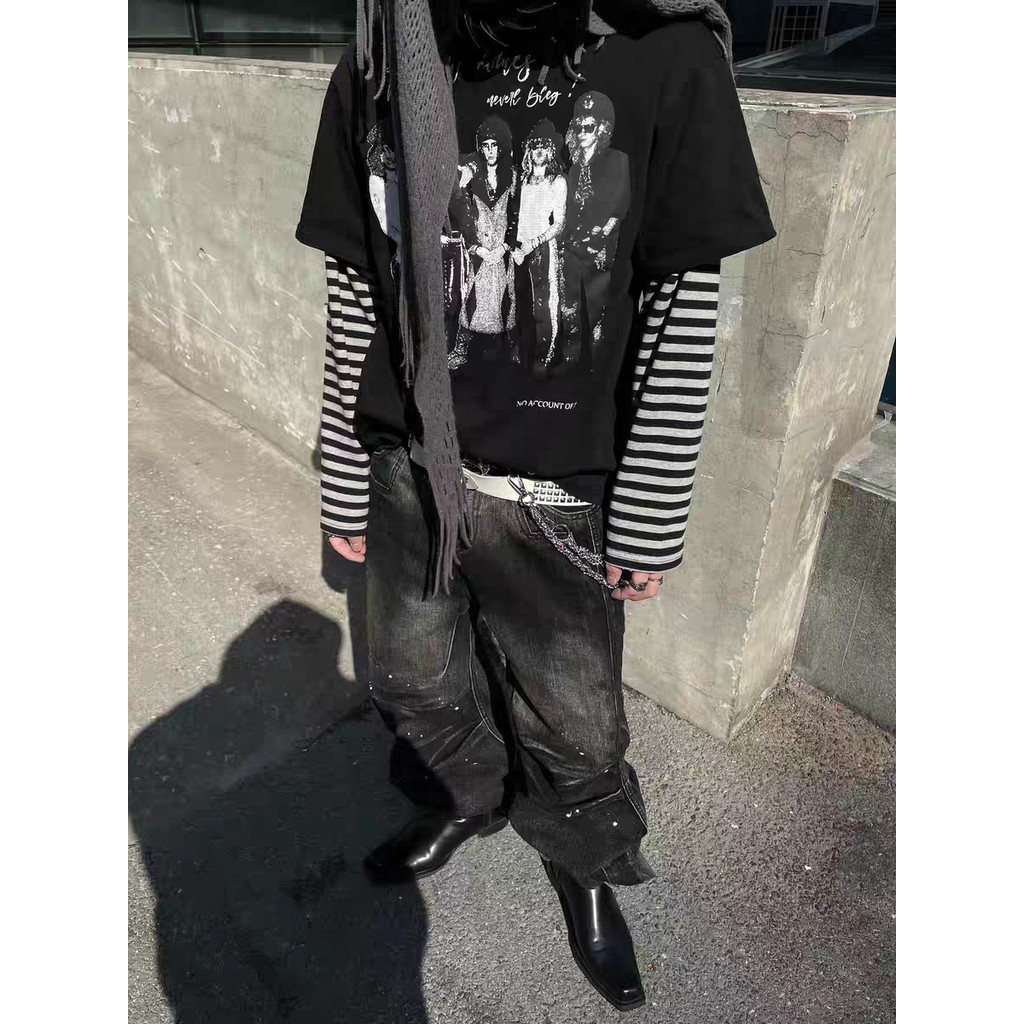 American Rock Band ปลอมสองชิ้นลายเสื้อยืดแขนยาวผู้ชาย Retro ตัวอักษรพิมพ์หลวม y2k Asian Culture Top