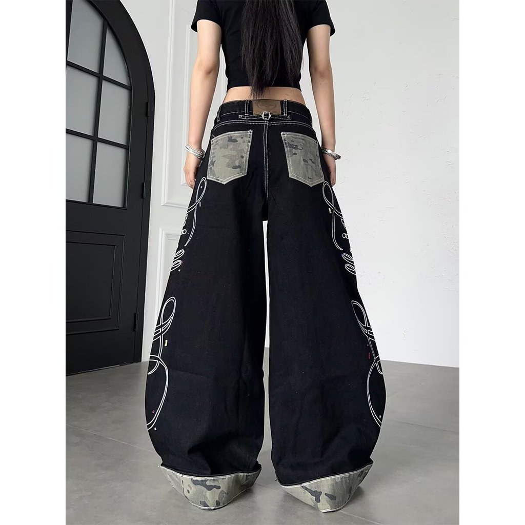 Letter ปัก Machete Jeans West Coast American Pants High Street Loose Straight Wide Leg Pants