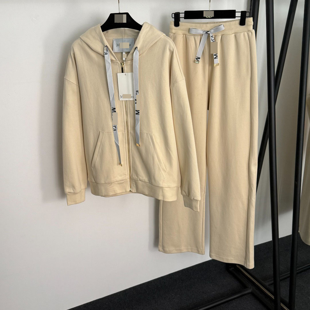 0WQL MaxMar * ชุดกีฬาสไตล์ใหม่พิมพ์ Drawstring หลวม All-Match แขนยาว Hooded Zipper Jacket + เอวยางยื