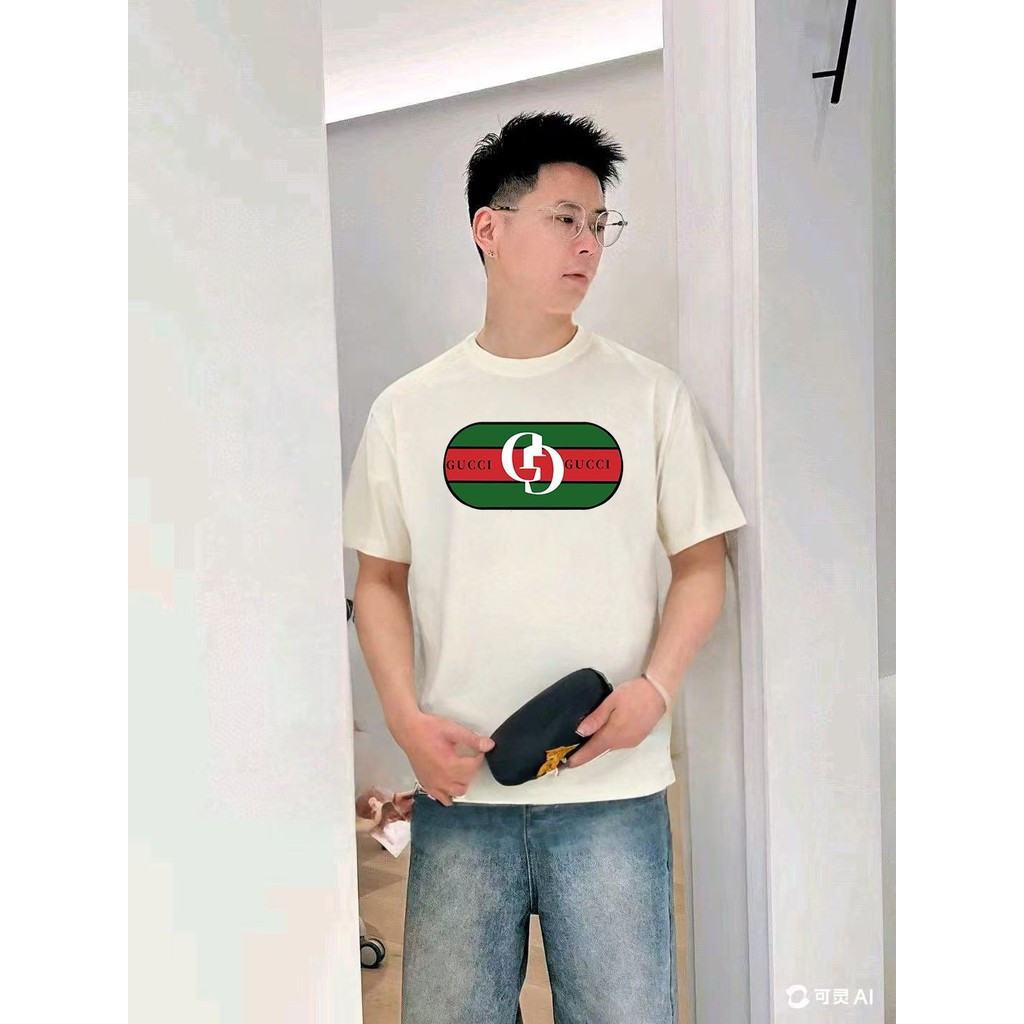 กุชชี่/กุชชี่/6เอ็กแอล คลาสสิกรอบคอแขนสั้นเสื้อยืดผู้ชายผู้หญิงสไตล์ขนาดใหญ่กลางแจ้งสีคมชัดคลาสซี่ฐา