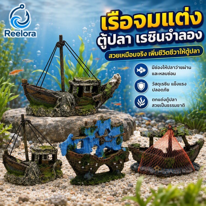 เรซิ่นตกแต่งตู้ปลาจมเรือซ่อนเครื่องประดับรายละเอียดที่สมจริงฐานมั่นคงกุ้งปลา