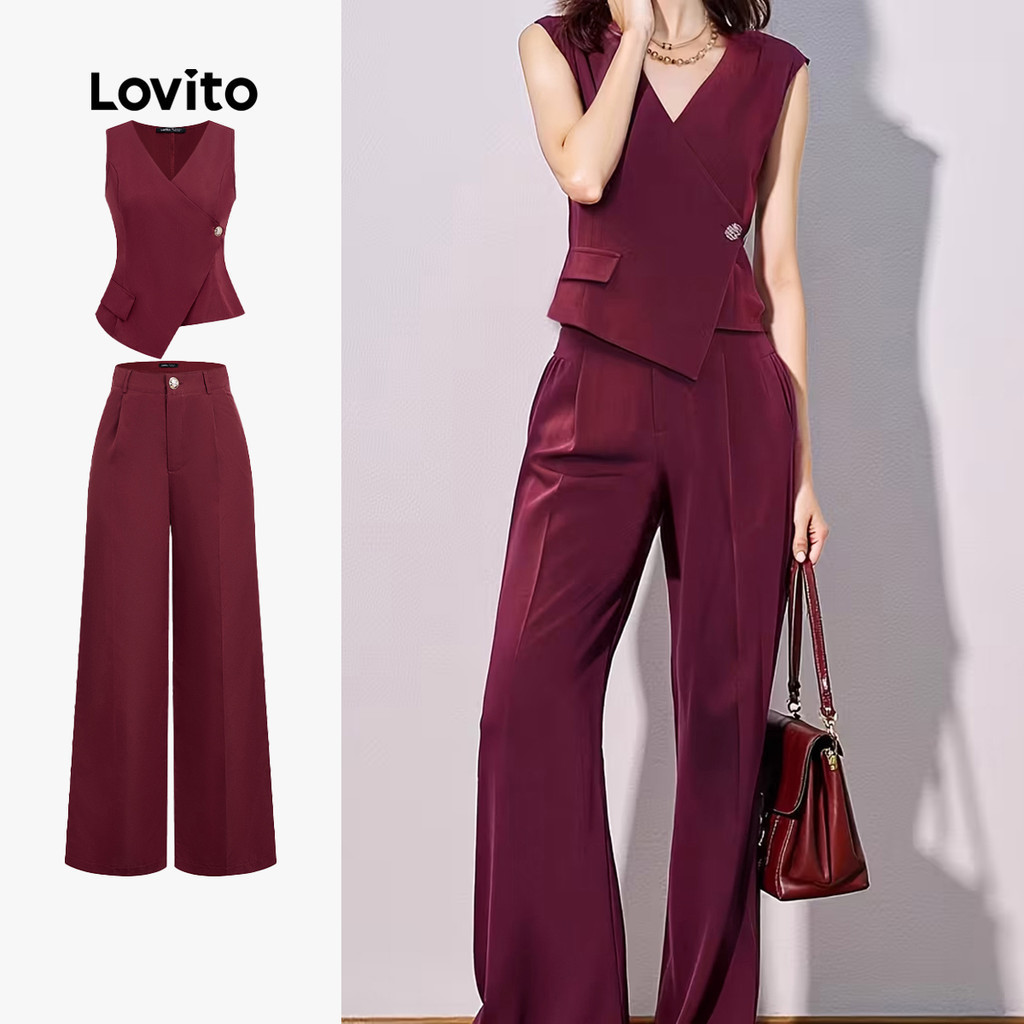 Lovito สง่างาม เสื้อหรือกางเกงทรงสวย ดีไซน์กระดุมไม่สมมาตร สำหรับฤดูใบไม้ผลิ/ฤดูร้อน สีเบอร์กันดี สำหรับผู้หญิง L165ED1008