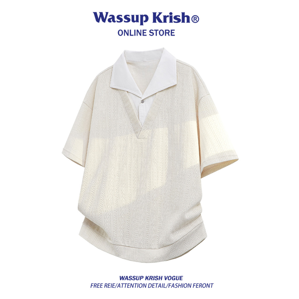 WASSUP KRISH อเมริกันข้าวสาลีหูรูปแบบปกแขนสั้นเสื้อยืดผู้ชายฤดูร้อนออกแบบเย็บคู่เสื้อโปโล