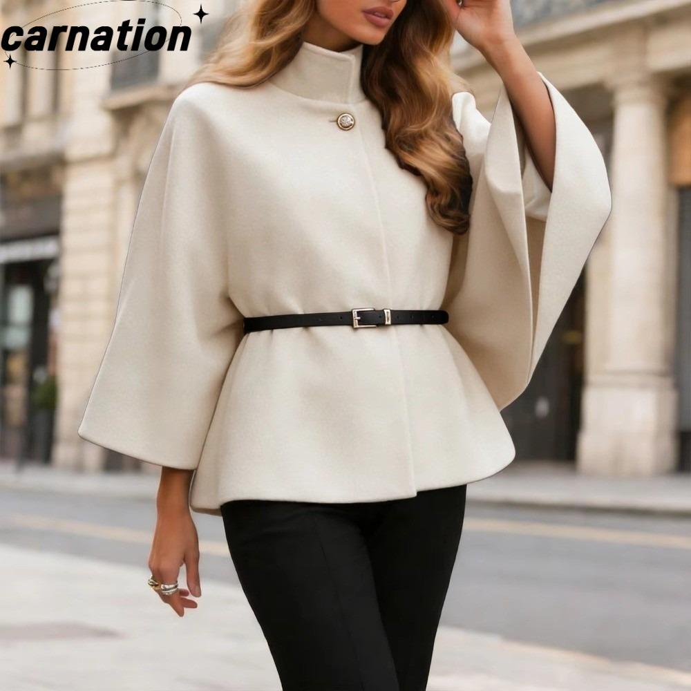 CARNATION เสื้อขนสัตว์ผสม, การออกแบบเข็มขัดหนาสั้น Cape Coat, แนวโน้มหลวม Fit เอวสีทึบ Batwing Sleev