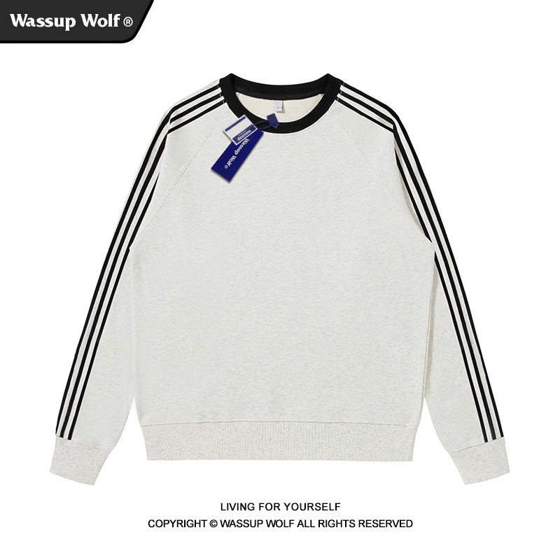 Wassup Wolf Three-Bar Sweatshirt Men Street Wear American Heavy Retro Sports Casual Couple Round Nec