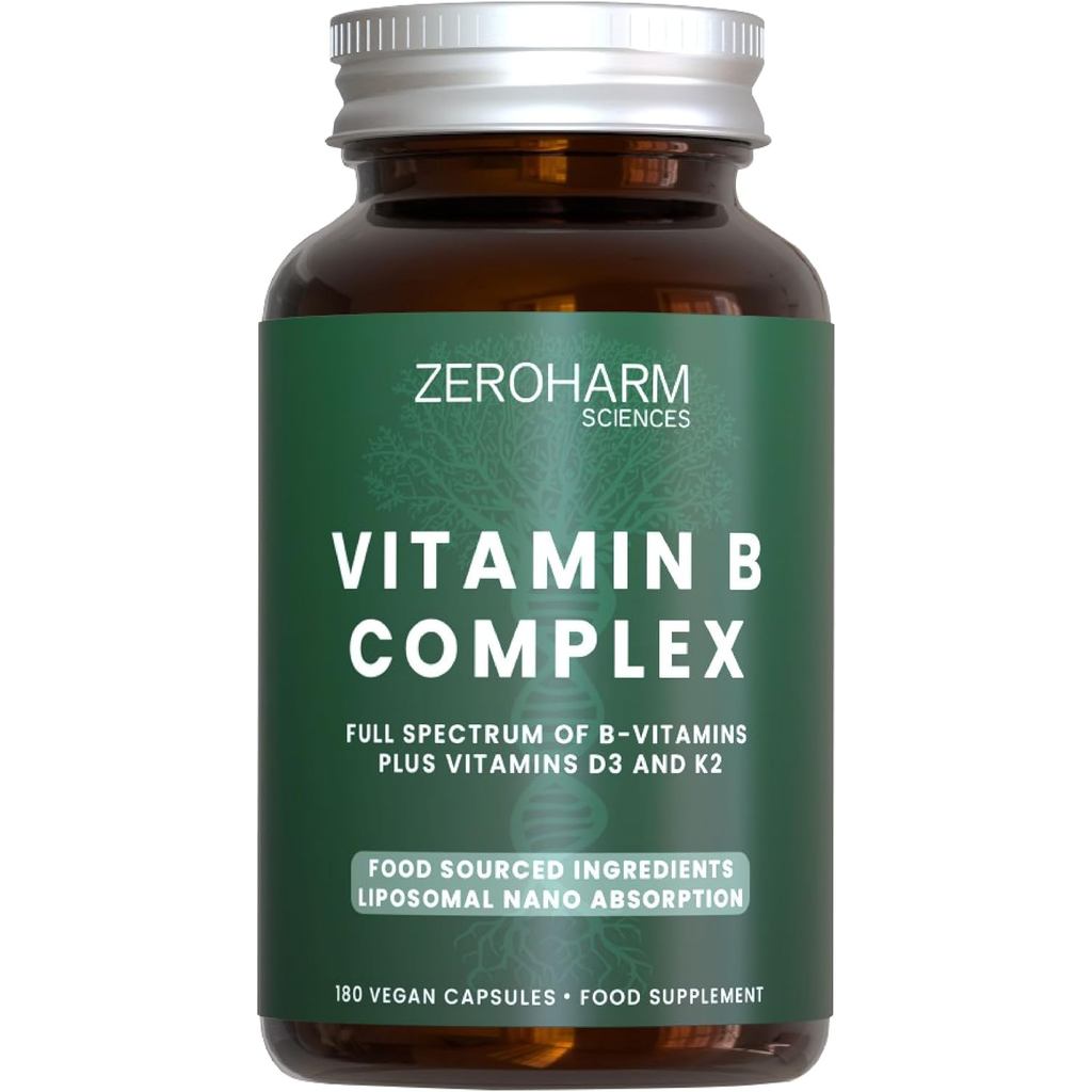ZeroHarm Vitamin B Complex พร้อม D3 & K2 – B1 จากพืช–B12 จาก Guava & Spirulina – พลังงาน ระบบประสาท 