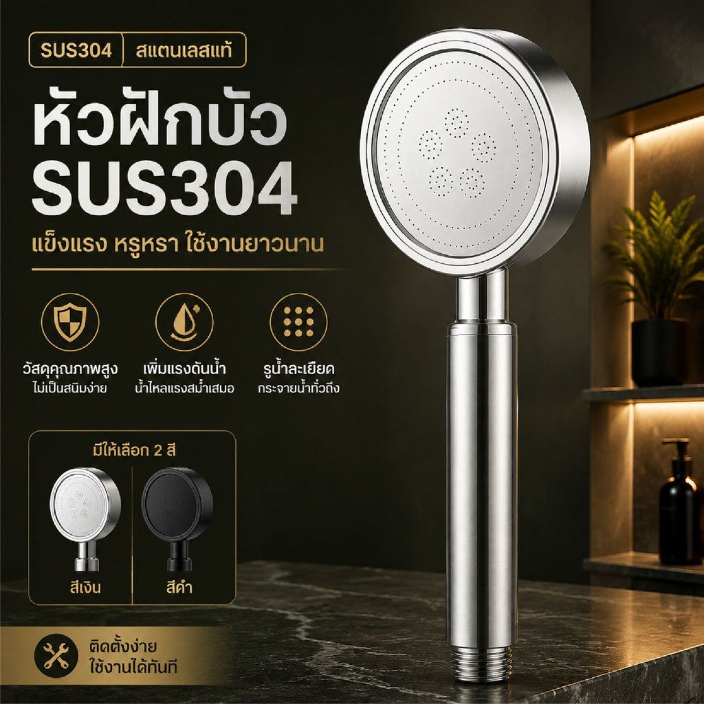 ฝักบัวแรงดันสูง SUS304 หัวฝักบัวสแตนเลส พร้อมสายฝักบัว 1.5 ม. ชุดฝักบัวมือถือ น้ำแรง กระจายน้ำละเอียด ติดตั้งง่าย