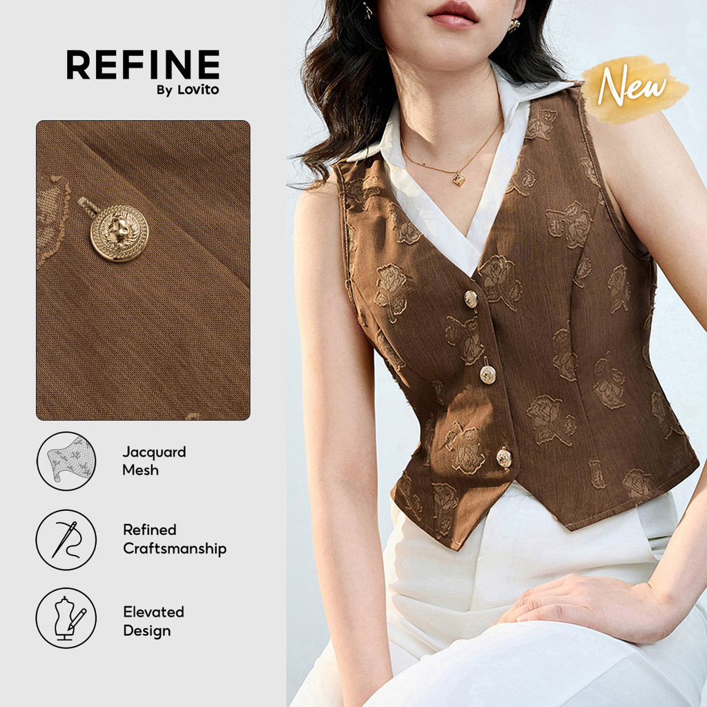(New Arrival) (Refine by Lovito) เสื้อผู้หญิงสีน้ำตาล ลายดอกไม้ แขนกุด คอปก ผ้าแจ็คการ์ด ตัดต่อ ลายเ