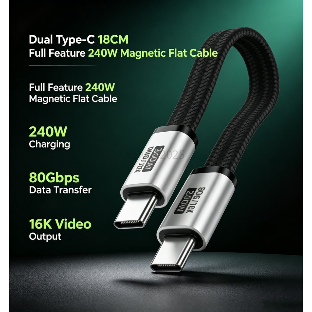 KAIYUE 80Gbps 16K แม่เหล็กสั้นสาย USB C PD 240W Fast Charging CABLE แบบพกพาประเภท C ถึง C สําหรับ Sa