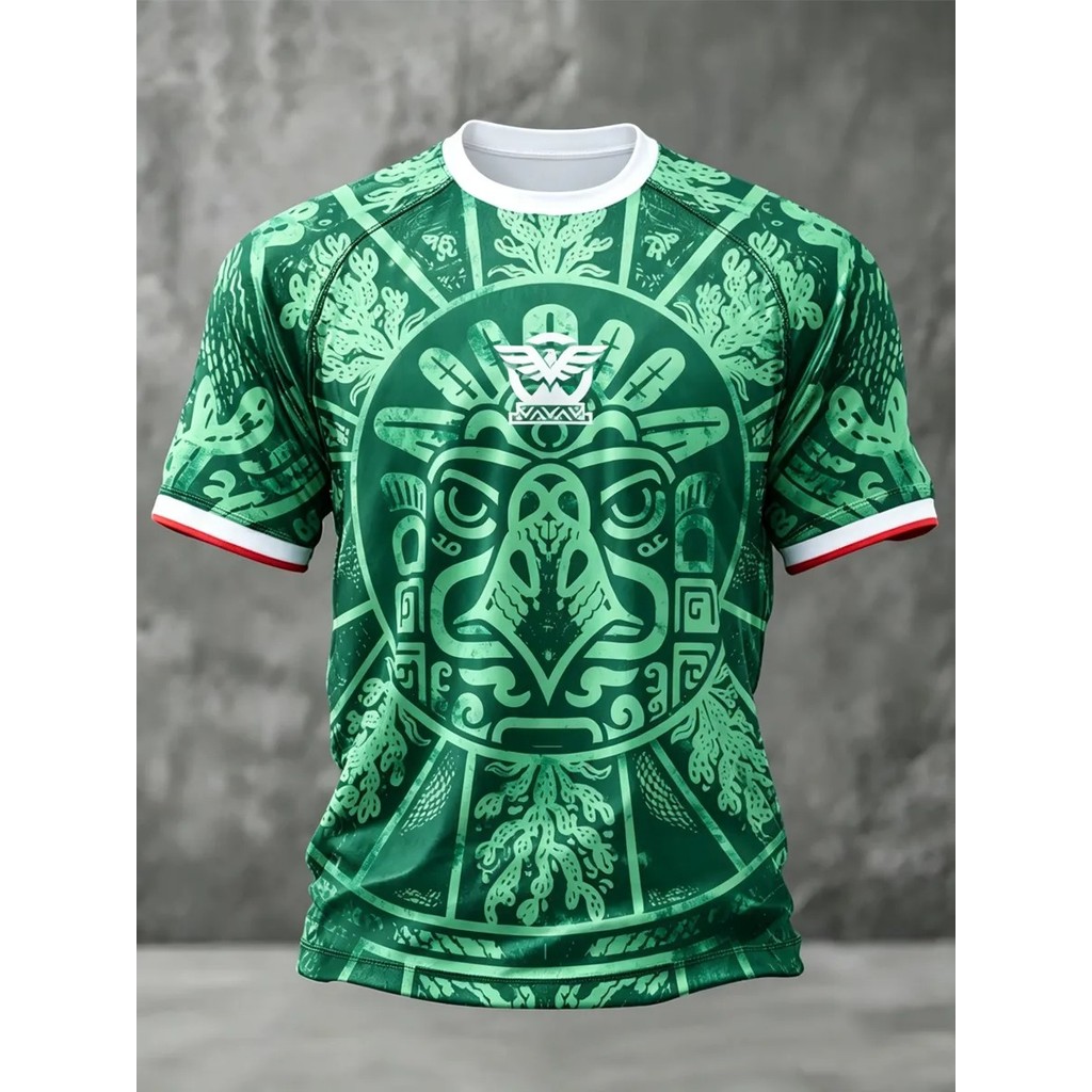 สีเขียว Aztec Sun Totem Tribal Graphic Men เม็กซิกัน Heritage Short Sleeve Tee, Casual Crew Neck Str