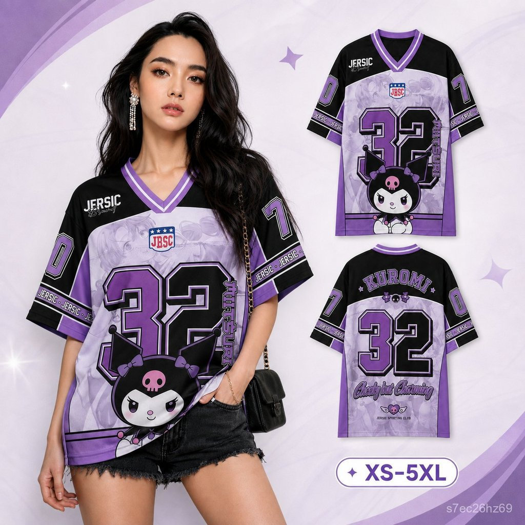 Y2K Oversize Unisex jersey สีม่วงและสีดํา ลายหมายเลข 32 คอวี เสื้อกีฬาแฟชั่นแขนสั้น สกรีนลายหน้าหลัง