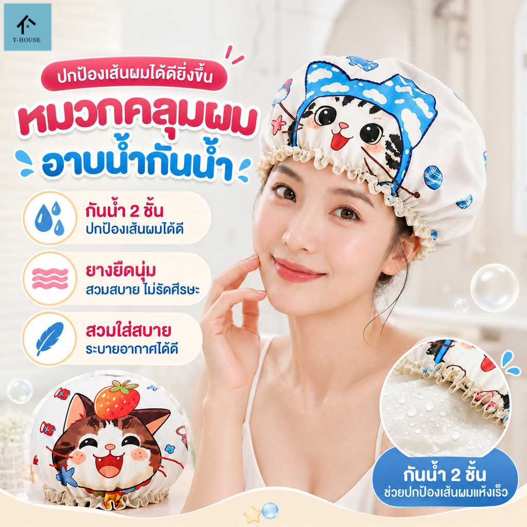 สองชั้น หมวกคลุมผม หมวกคลุมผมอาบน้ำ วัสดุ PEVA กันน้ำ หนาขึ้น ใช้ซ้ำได้ แถบยางยืด เหมาะสำหรับผู้ใหญ่และเด็ก
