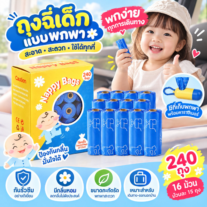 COD แบบใช้ครั้งเดียว 240PCS+ตัวกระจาย พกพาได้ ผ้าอ้อมสำหรับทารกถุงขยะ