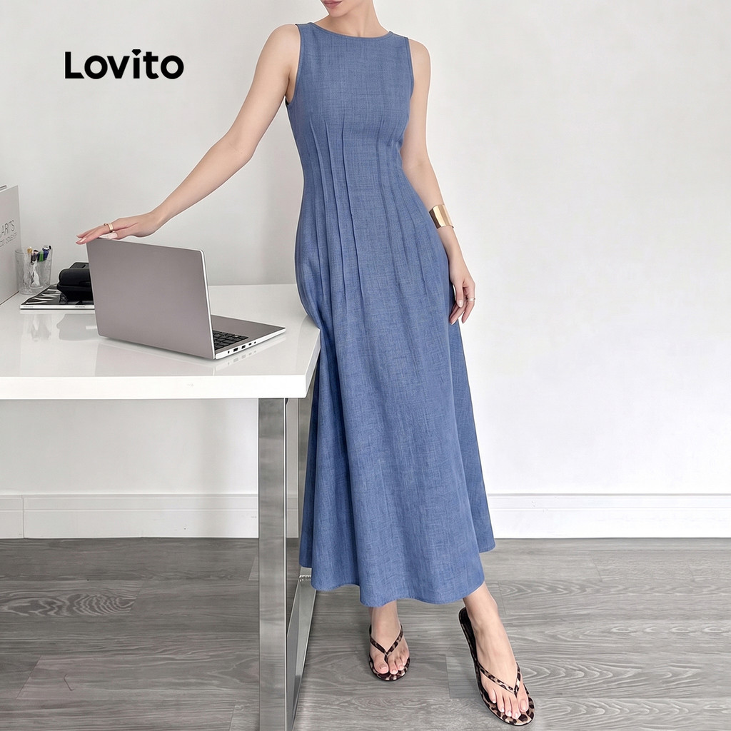 Lovito فستان نسائي طويل أزرق بكسرات — صورة 3